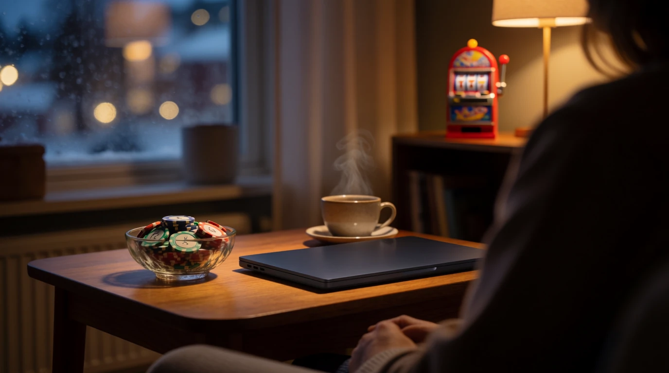 Mysigt svenskt vardagsrum med färgglada casinotokens och en stängd laptop