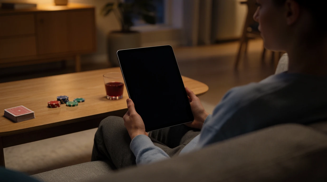 Person med surfplatta i svenskt vardagsrum med casinofigurer och kortlekar på bordet