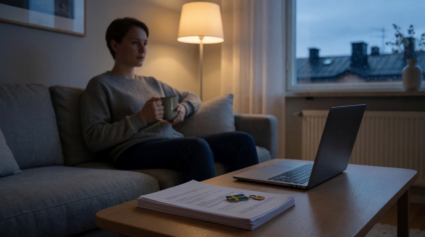 Svensk person i vardagsrum med stängd laptop och dokument, symboliserar säkert licensierat casino