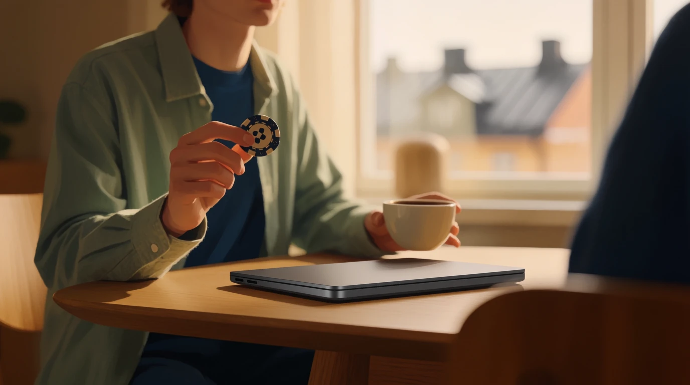 Svensk person med casinomarker vid fönster i modern Stockholmslägenhet