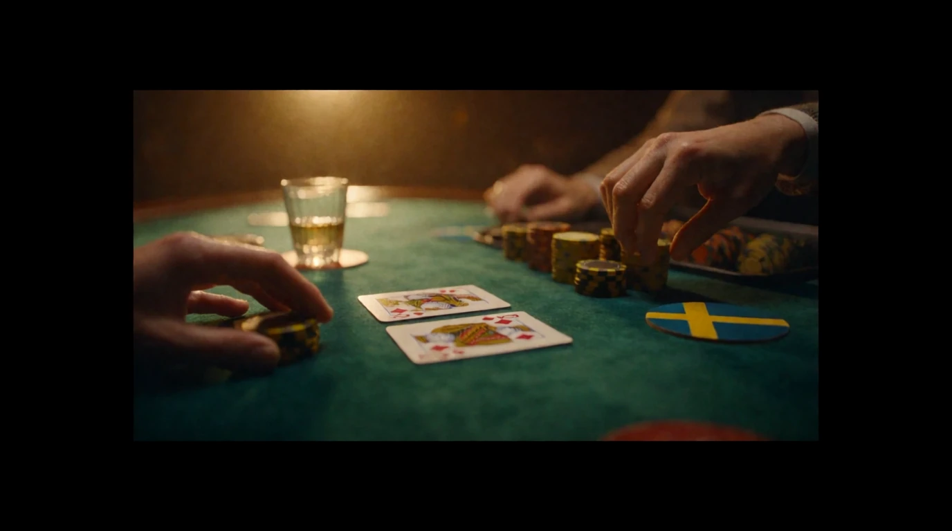 Händer vid blackjackbord med kort och casinospelmarker i varm belysning