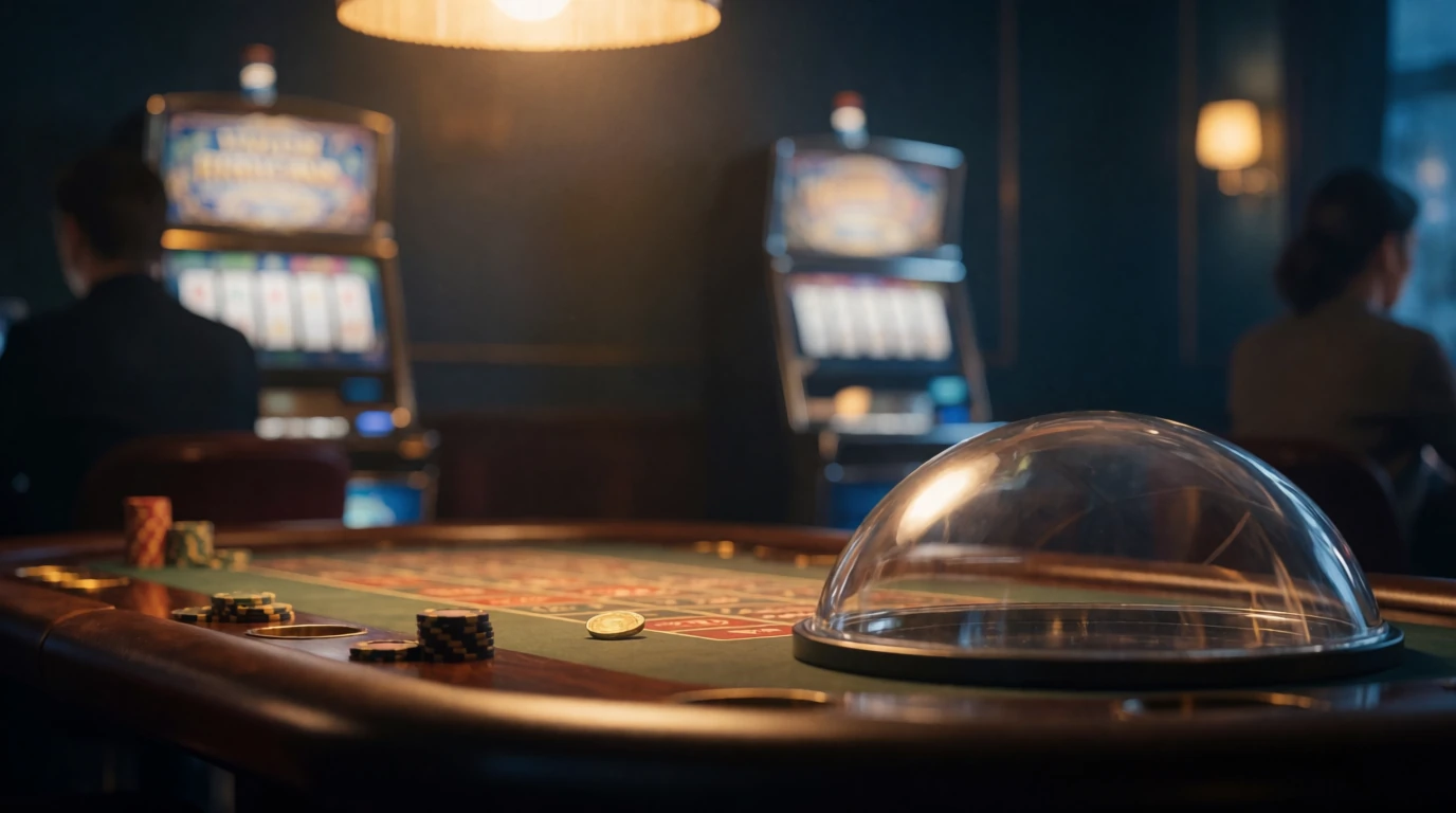 Stämningsfull svensk casinomiljö med marker och guldtacka på filtbord