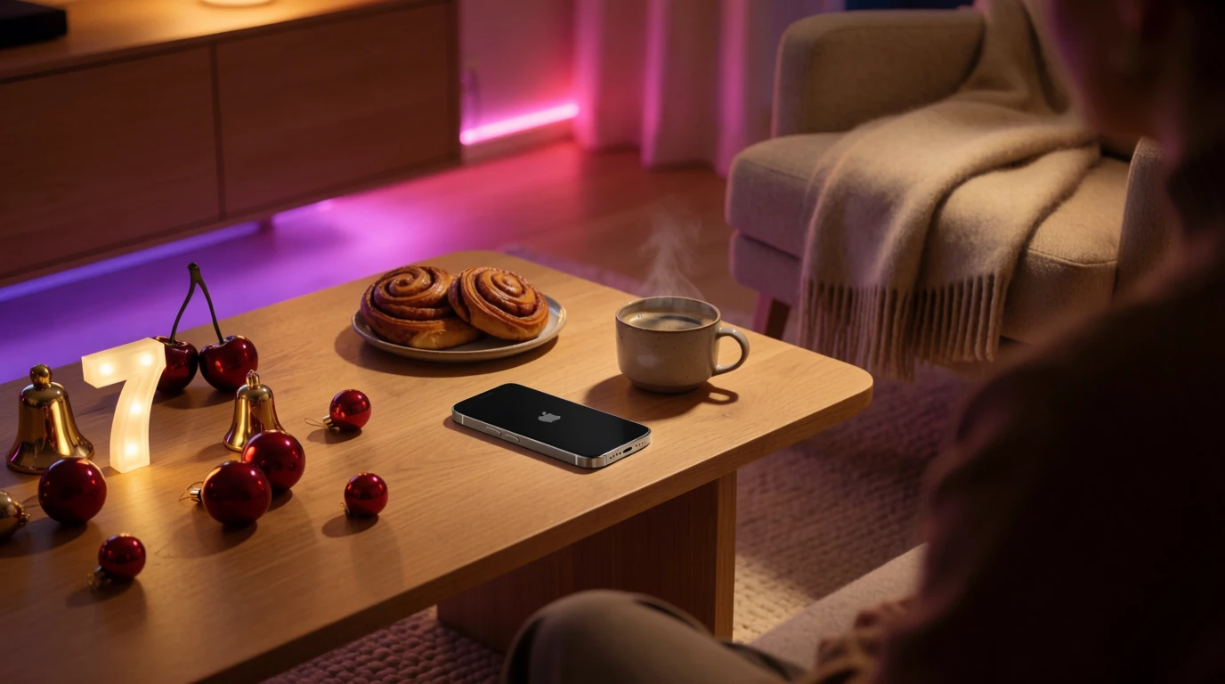 Modernt svenskt vardagsrum med smartphone, slotsymboler och neonbelysning