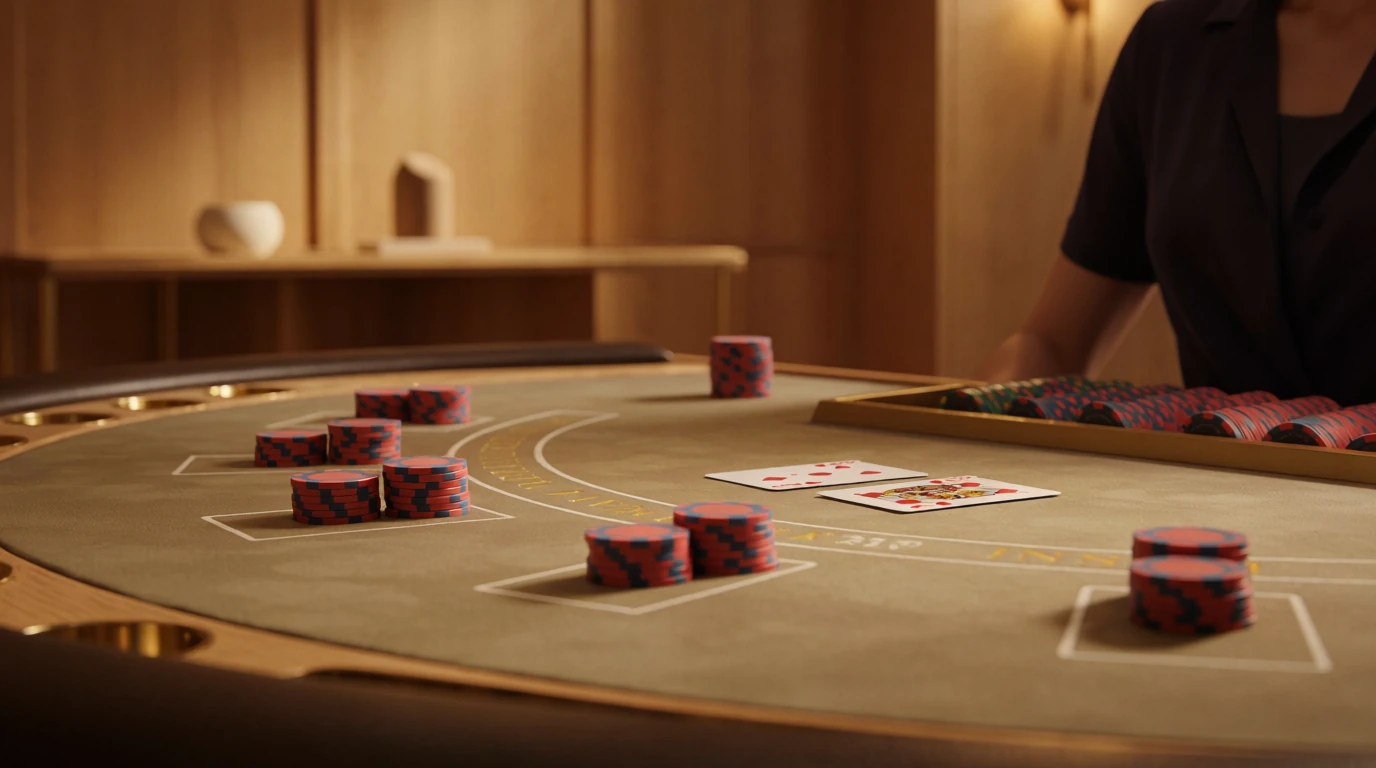 Blackjack-bord med marker och kort i elegant skandinavisk kasinomiljö