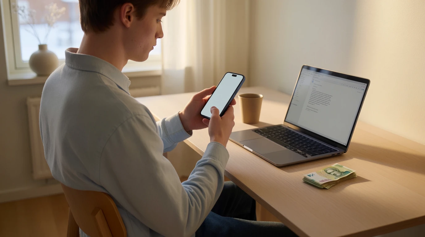 Svensk man vid skrivbord med telefon och kontanter