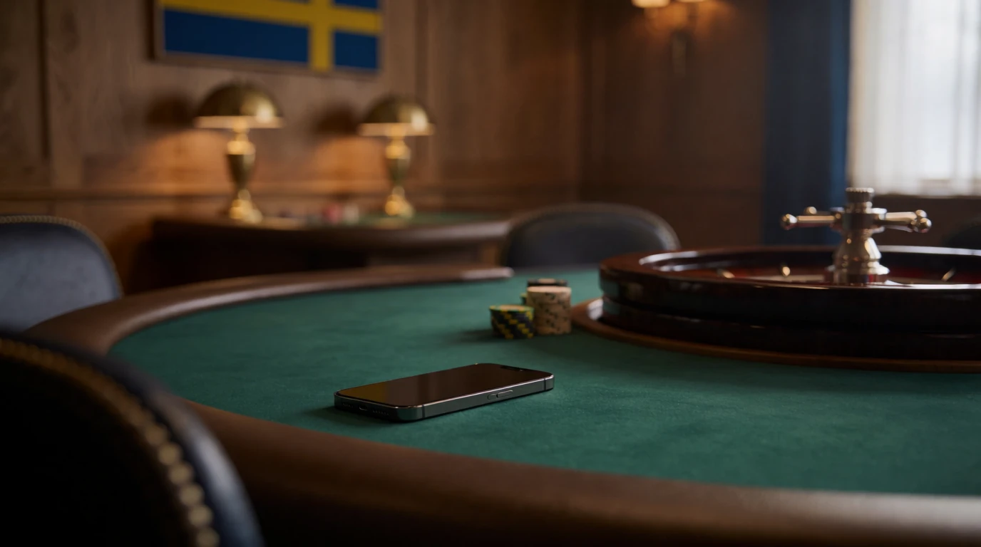 Smartphone på casinobord med marker och roulette i svensk casinomiljö