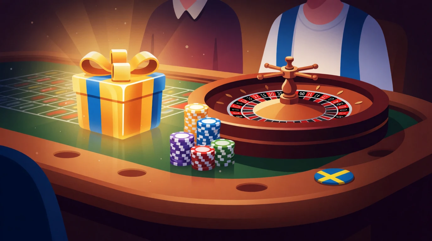 Svensk casinobord med färgglada marker, roulettehjul och en guldbevuxen presentbox som symboliserar välkomstbonus