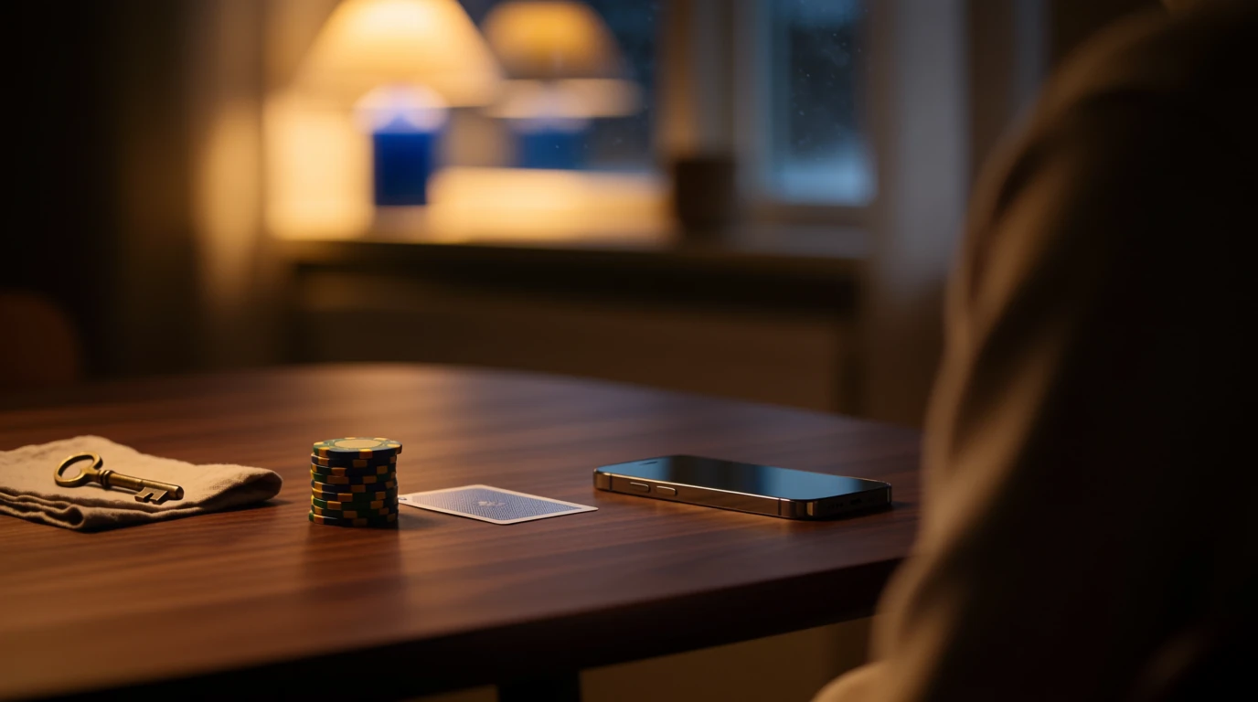 Casinomarker, nyckel och en vänd mobiltelefon på ett mörkt skandinaviskt bord