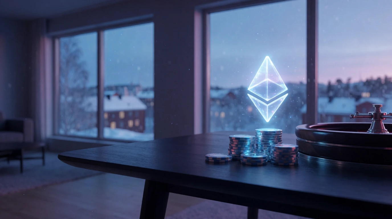 Ethereum-symbol hologram över casinofärgar på ett minimalistiskt skandinaviskt bord