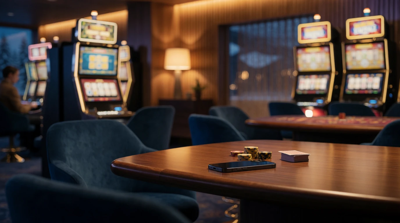 Modernt svenskt casinorum med chips och telefonen vänd nedåt