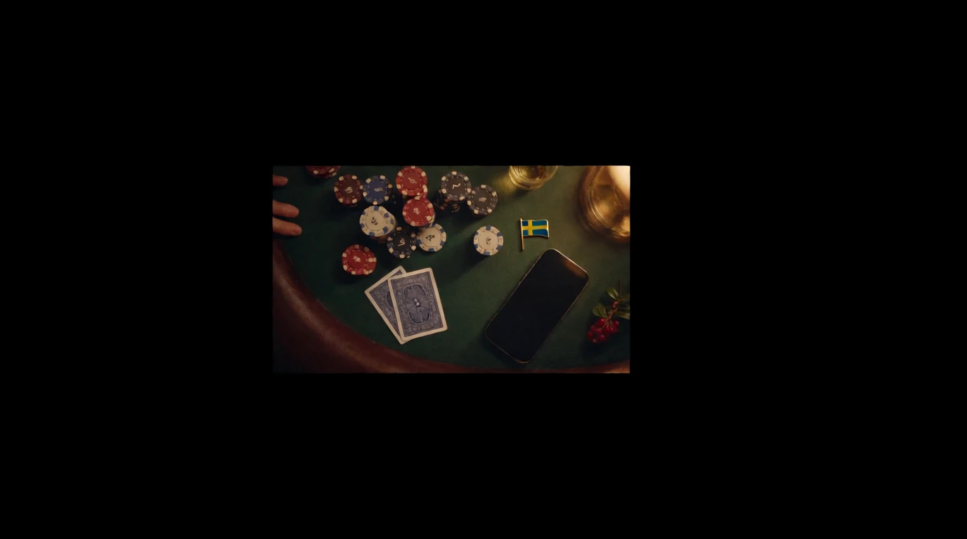 Casinobord med marker, kort och telefon, svensk flagga och aquavit bredvid