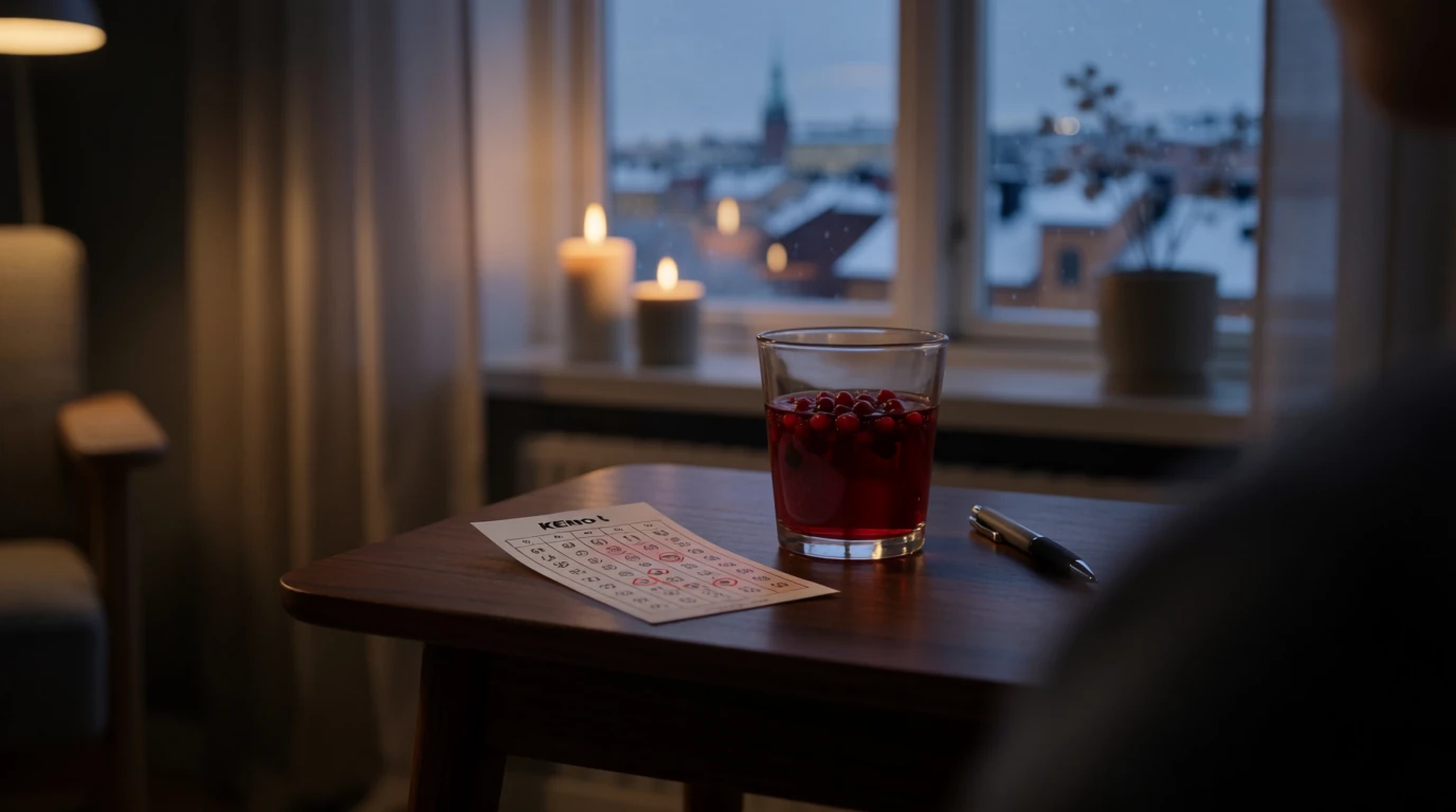 Kenobiljett och lingonjuice på bord i modern svensk lägenhet i skymningsljus