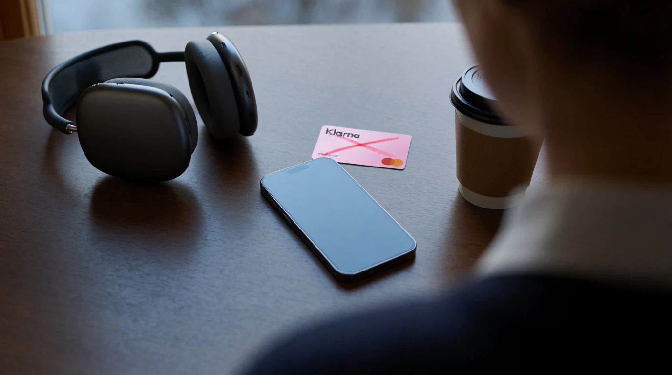 Smartphone liggande med ett kors över Klarna-kortet vid ett bord