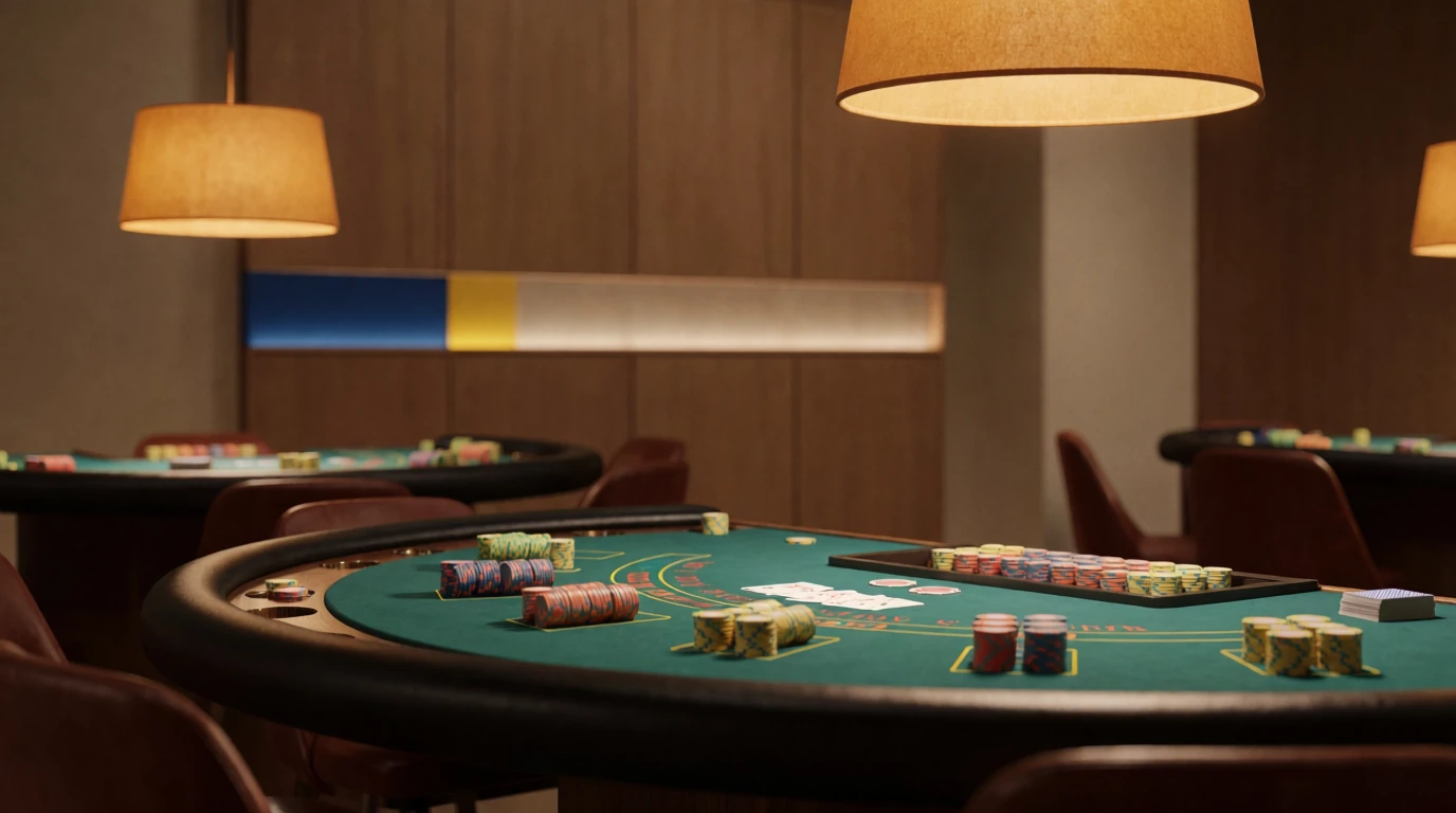 Elegant blackjackbord i skandinavisk casinomiljö med färgglada marker