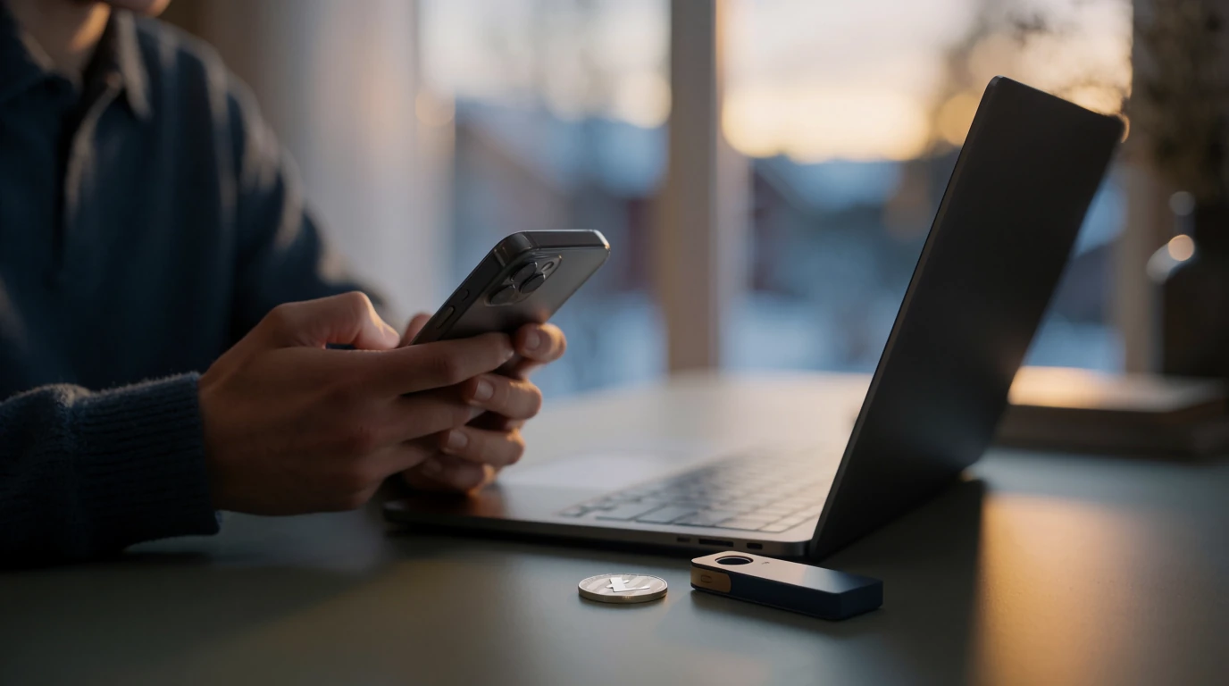 Händer med smartphone och Litecoin-plånbok vid skrivbord
