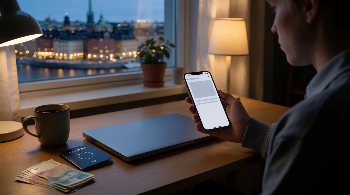 Svensk spelare vid skrivbord med stängd laptop och pass