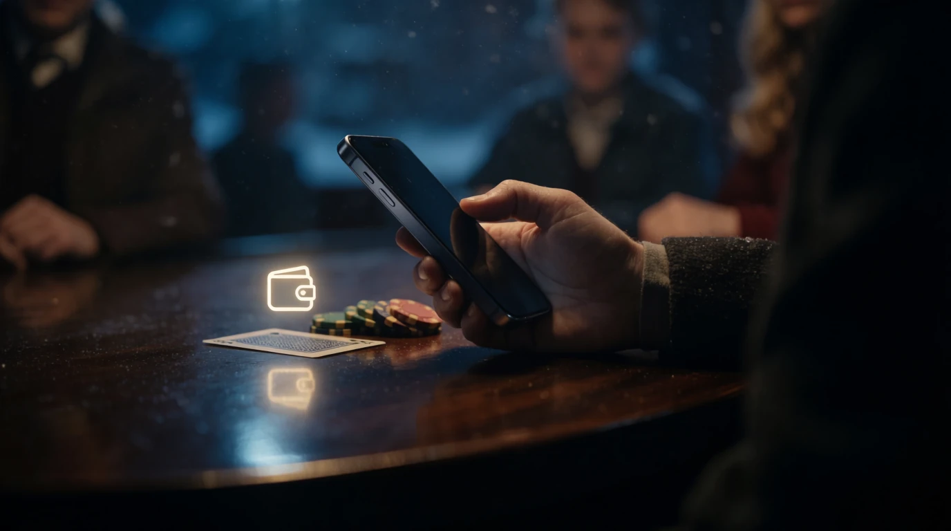 Mobil plånbok och casinofigurer på ett bord