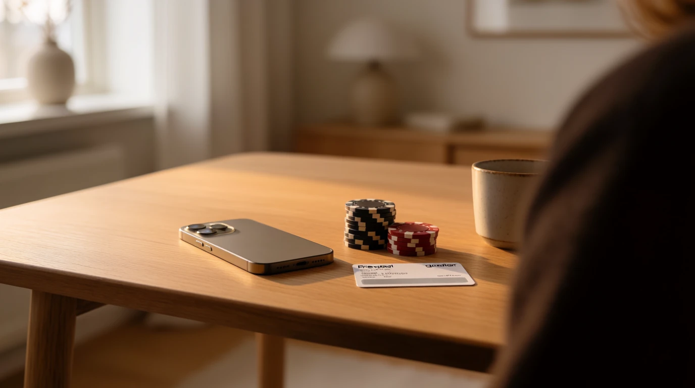 Smartphone, casinofigurer och en förbetald voucher på ett minimalistiskt skandinaviskt bord.