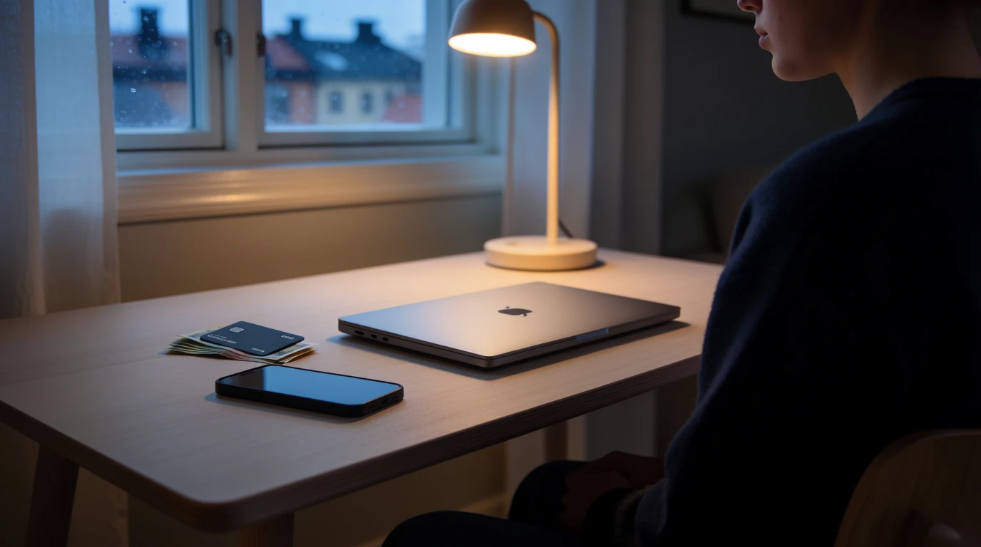 Svensk man vid minimalistiskt skrivbord med stängd laptop och e-plånbok