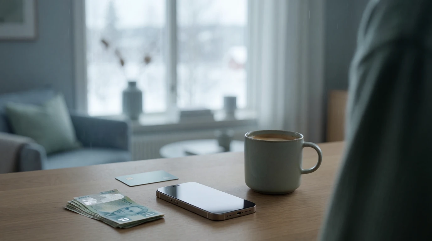 Smartphone och betalkort på nordiskt bord, symboliserar säkra onlinebetalningar i Sverige.