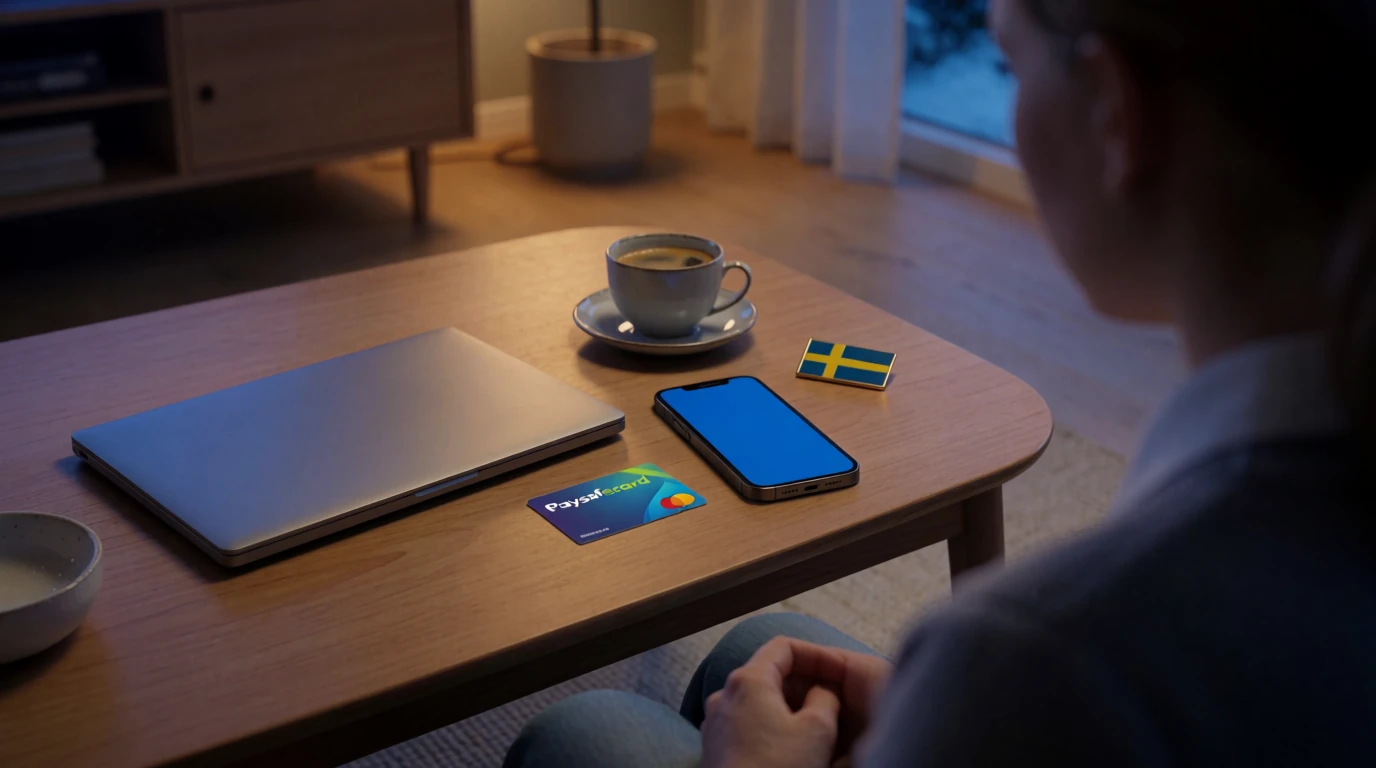 Svensk vardagsrum med Paysafecard-kupong och laptop för casinobetalning