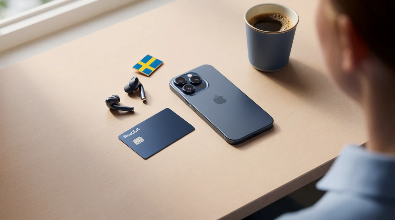 Revolut-kort och telefon på skrivbord med svensk flagga och kaffe