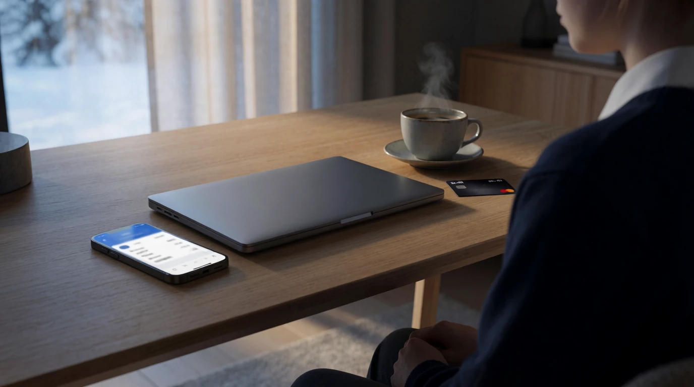 Stängt laptop och telefon vid skrivbord i skandinavisk stil med e-plånbok