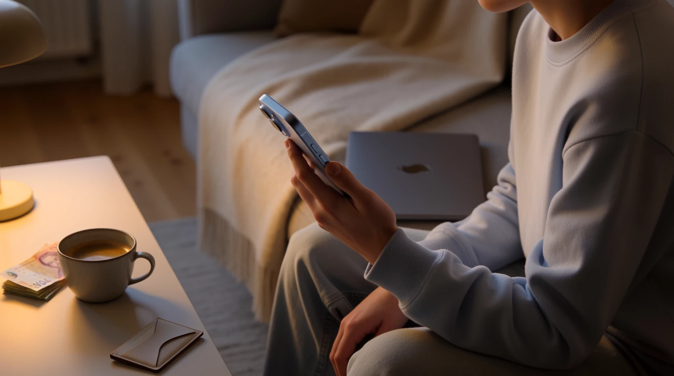 Person med mobiltelefon i svensk vardagsrum med kronorsedlar