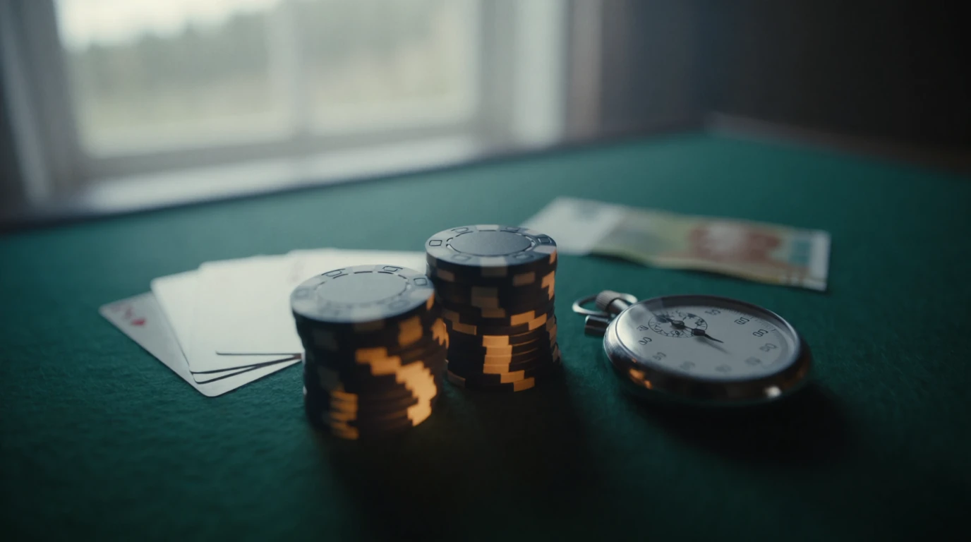 Casinomarker, kort och ett stoppur på filtbord som symboliserar snabba uttag