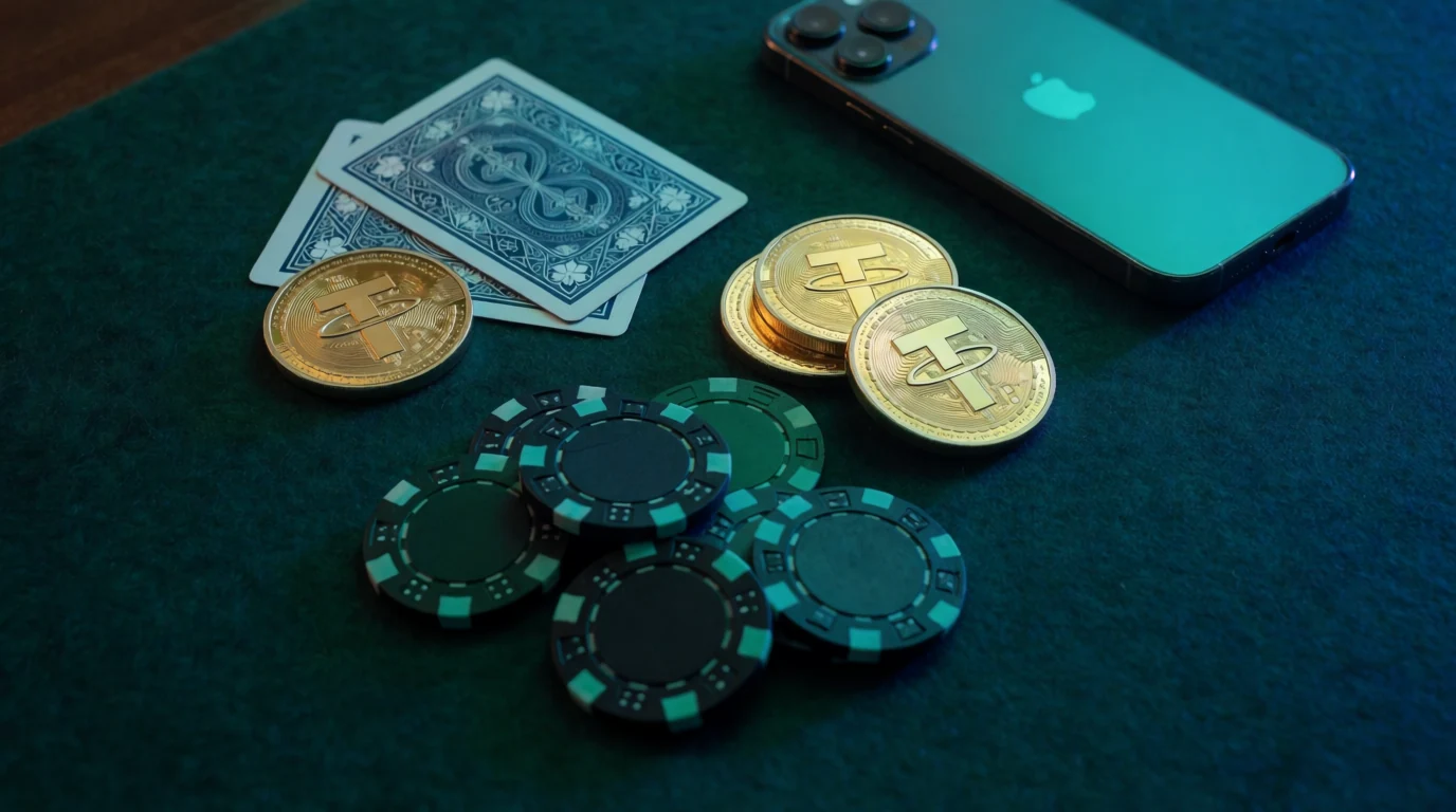 Tether-mynt och pokerchips på mörk filtduk, nordisk stil