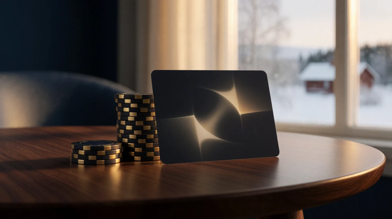 Minimalistisk skandinavisk scen med casinomarker och kryptovaluta på ett träbord