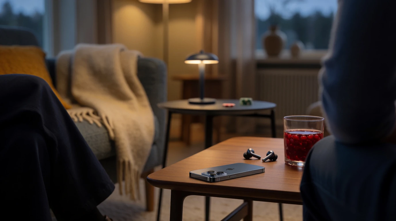 Modern svenskt vardagsrum med smartphone och casinotema
