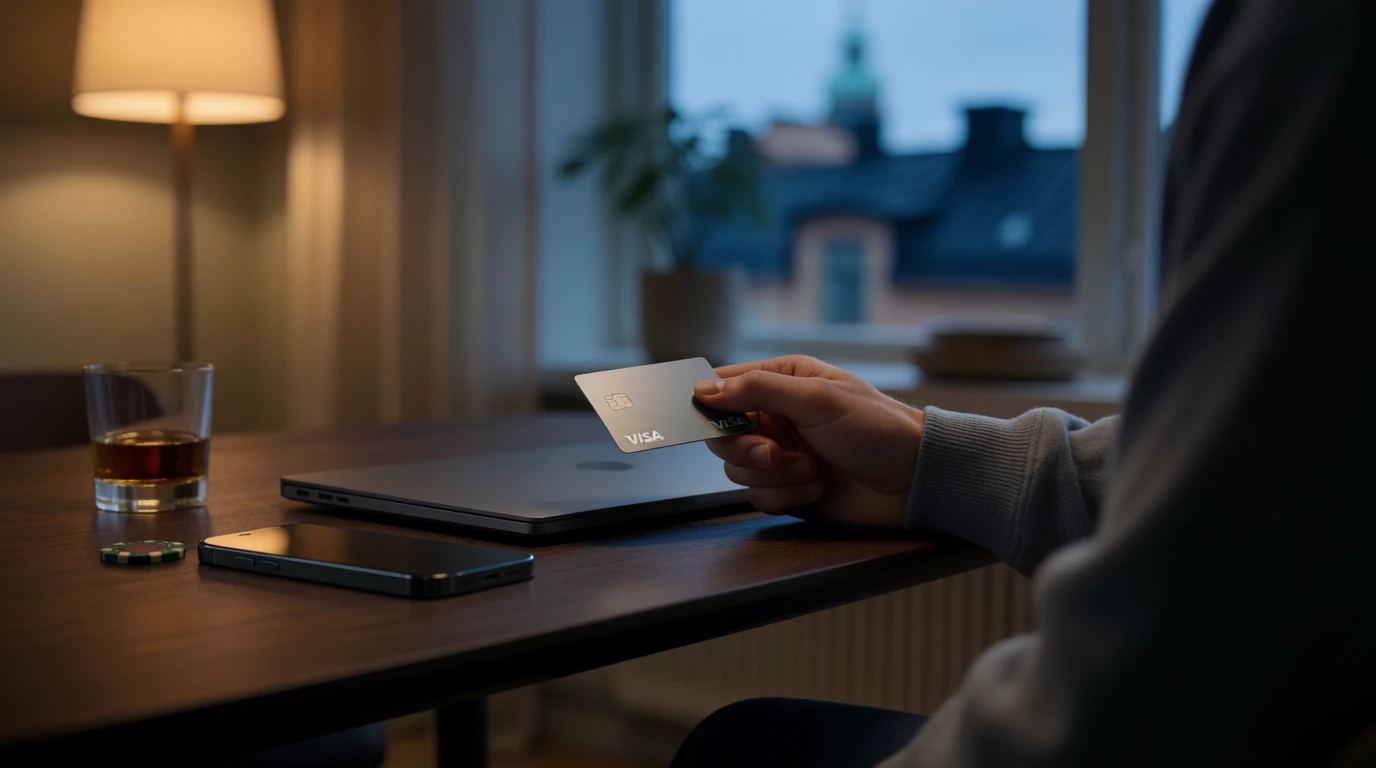 Hand som håller ett Visa-kort över ett bord i en modern svensk lägenhet