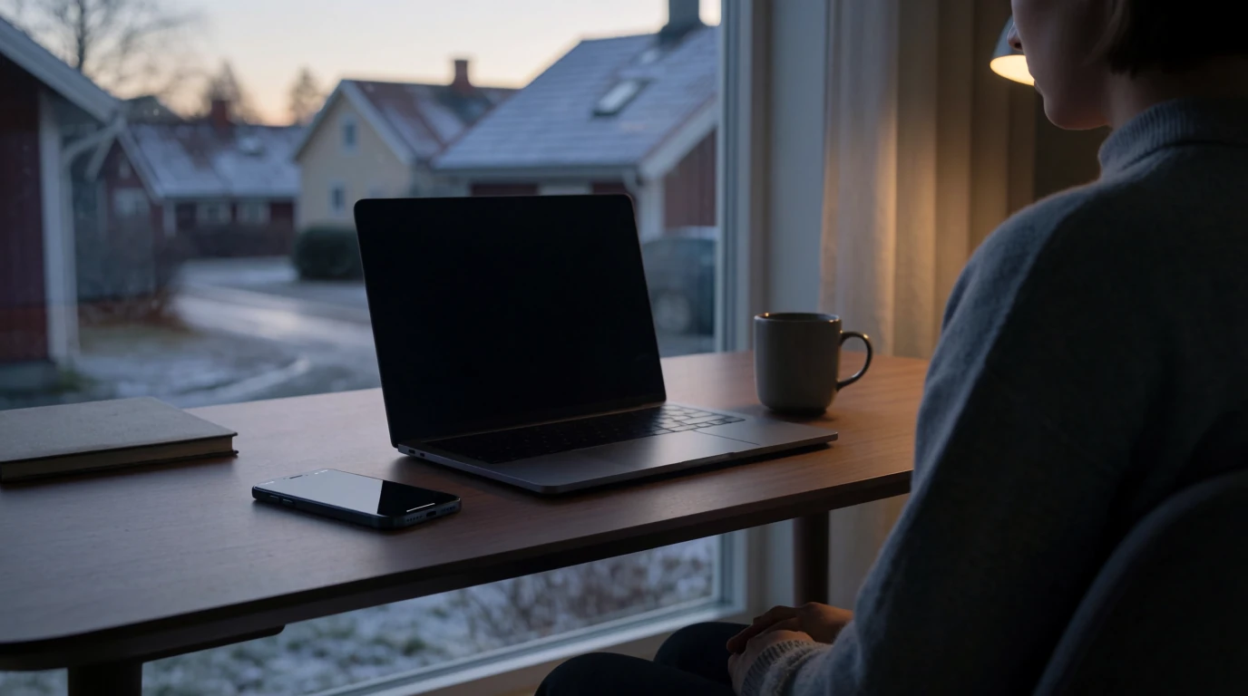 Modern skandinaviskt hemmakontor vid skymning med stängd laptop och telefon