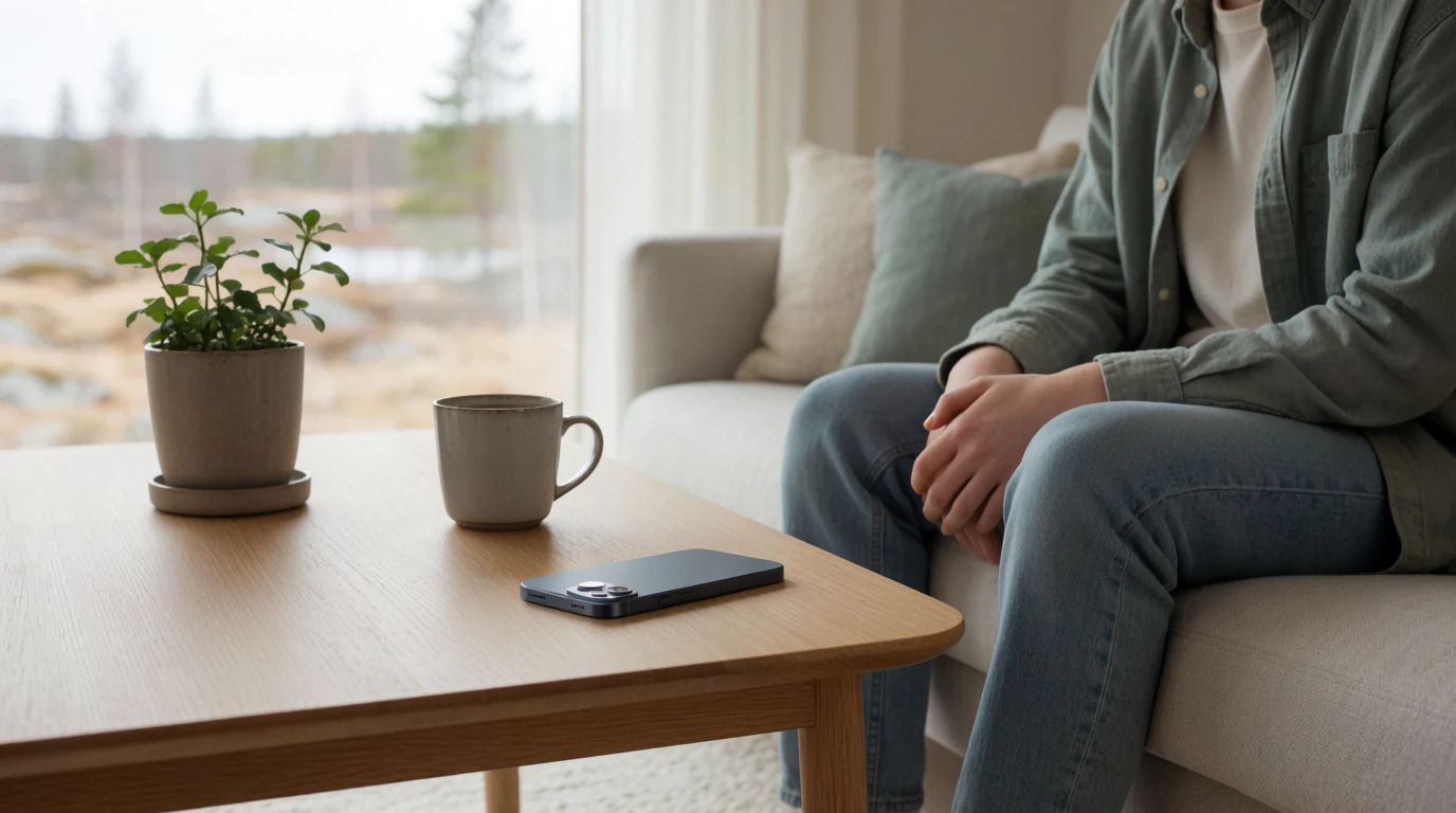 iPhone vid sidan av en kaffekopp i ett ljust skandinaviskt vardagsrum