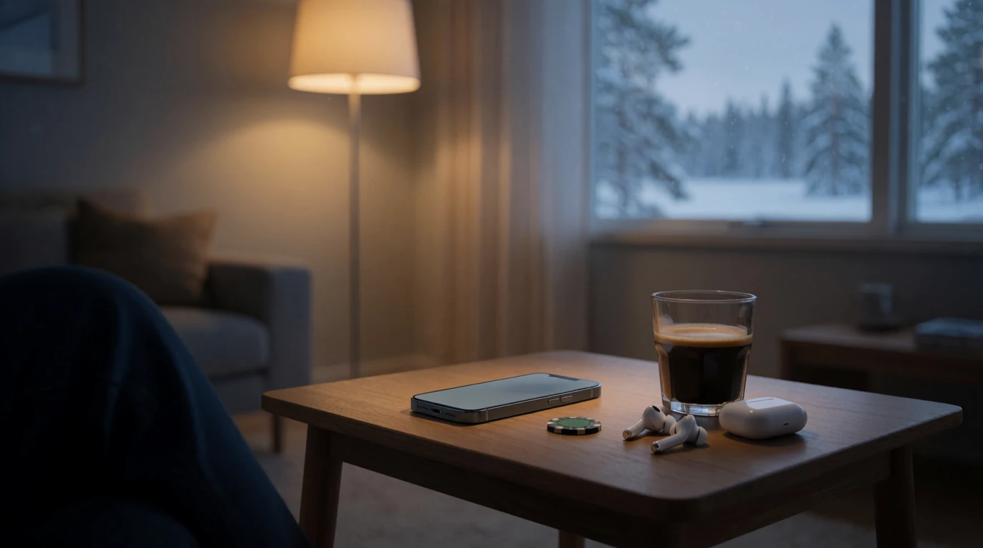 Mobiltelefon på soffbord i svensk vardagsrum med casinoleksak och kvällsljus