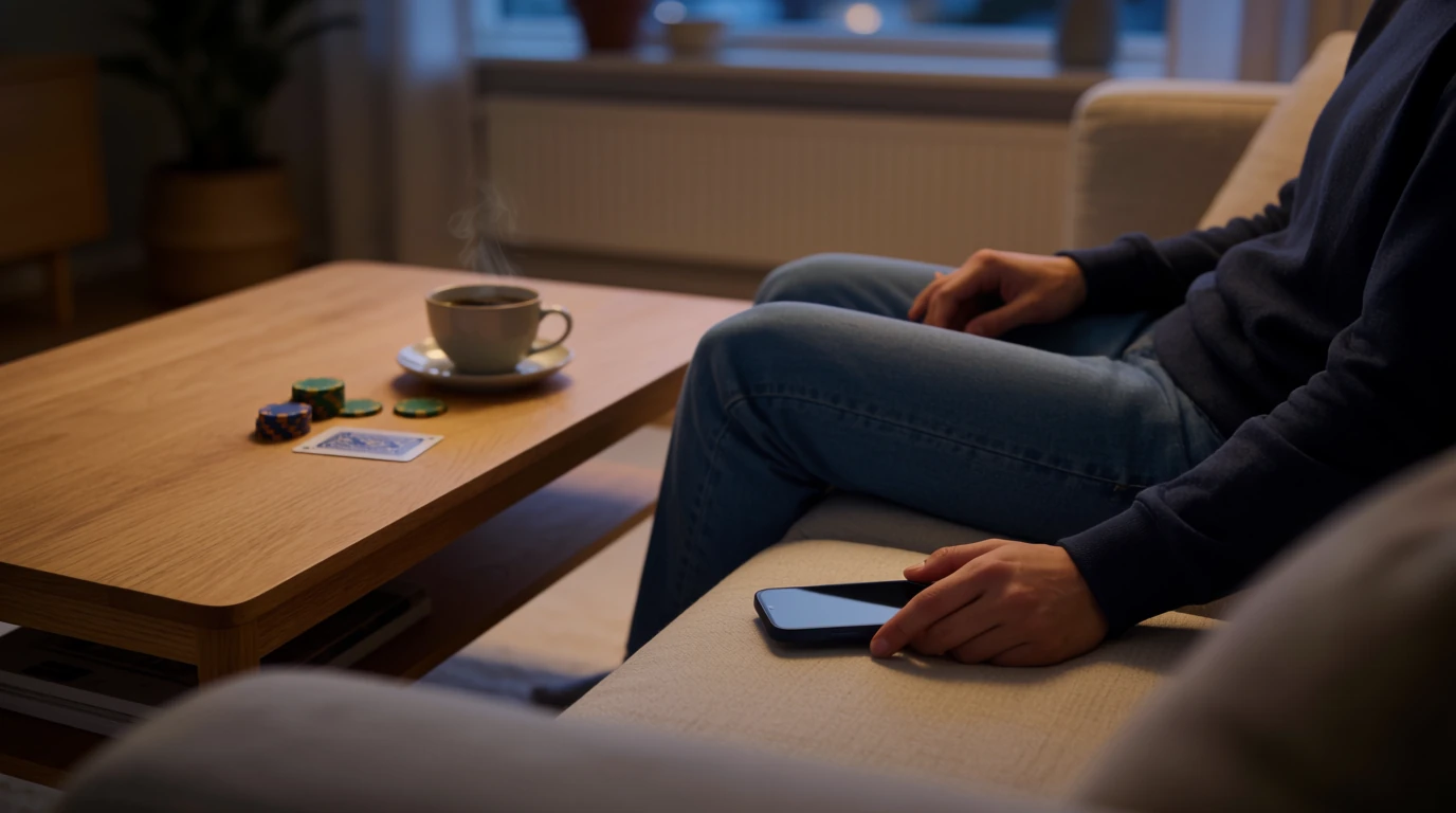 Person i mysig lägenhet med mobilen nerlagd och casinoföremål på bordet