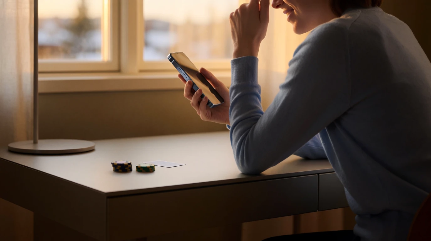 Person vid skrivbord i Skandinavisk stil med mobil och casinotillbehör