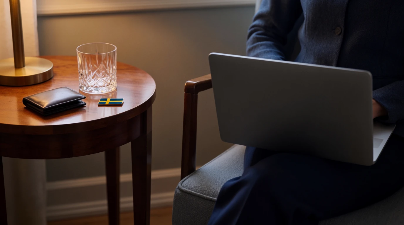 Stilfullt vardagsrum med stängt kortfodral och svensk flagga