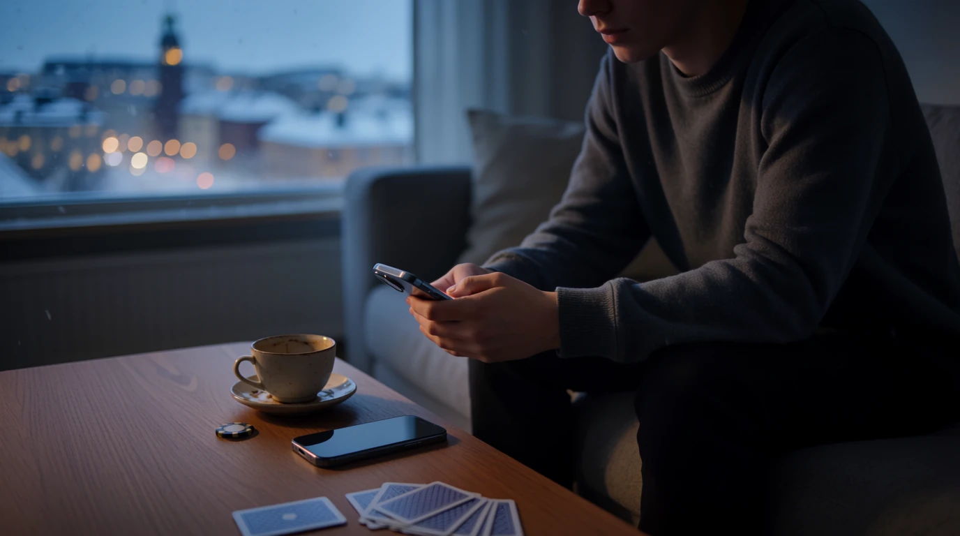 Person med telefon vid soffbord med spelmark och kort, Stockholms vy i fönstret