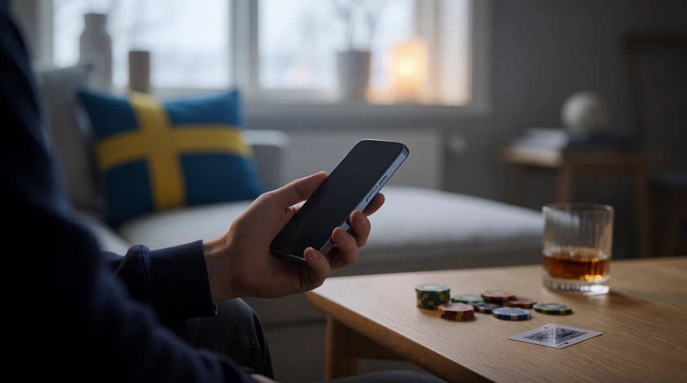 Handhållen smartphone med casinotema i svensk lägenhet