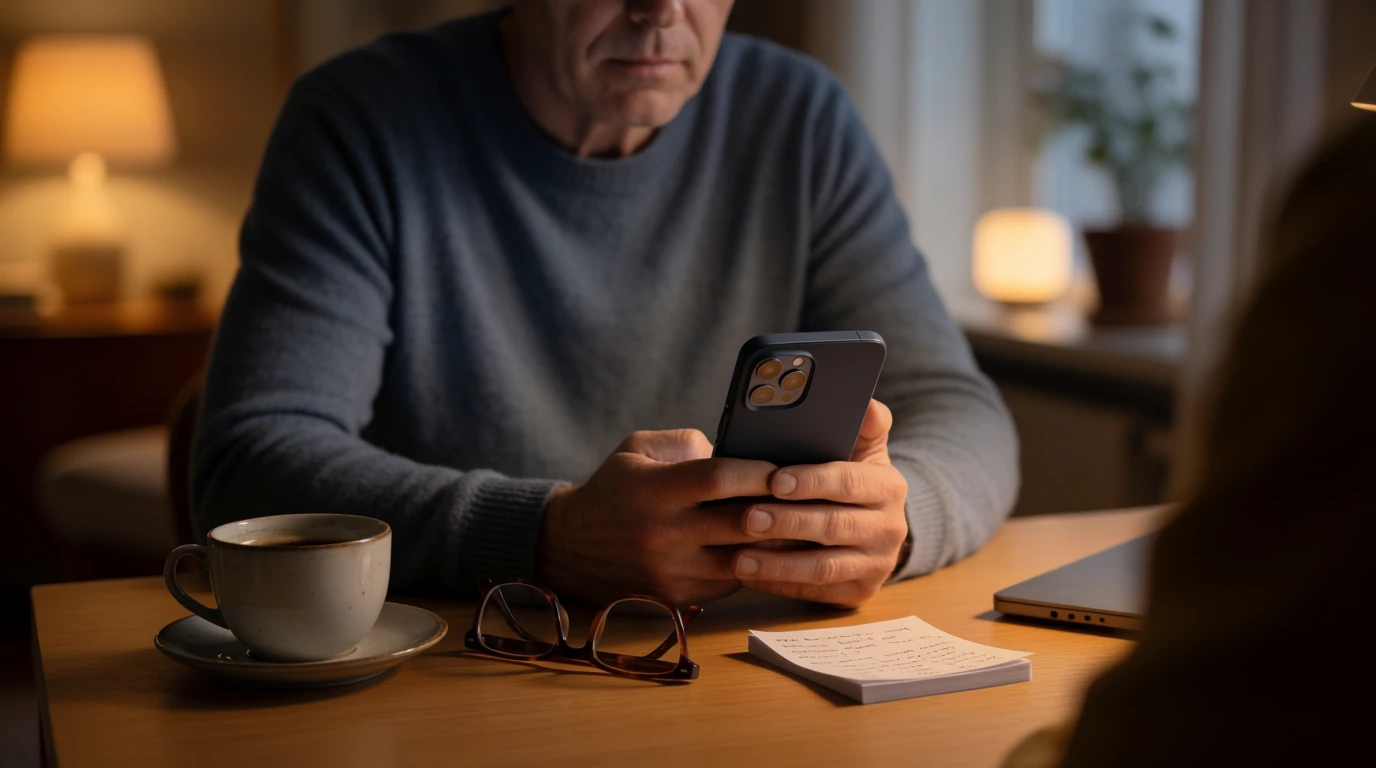 Svensk man vid skrivbordet med mobiltelefon, funderar över casinoval