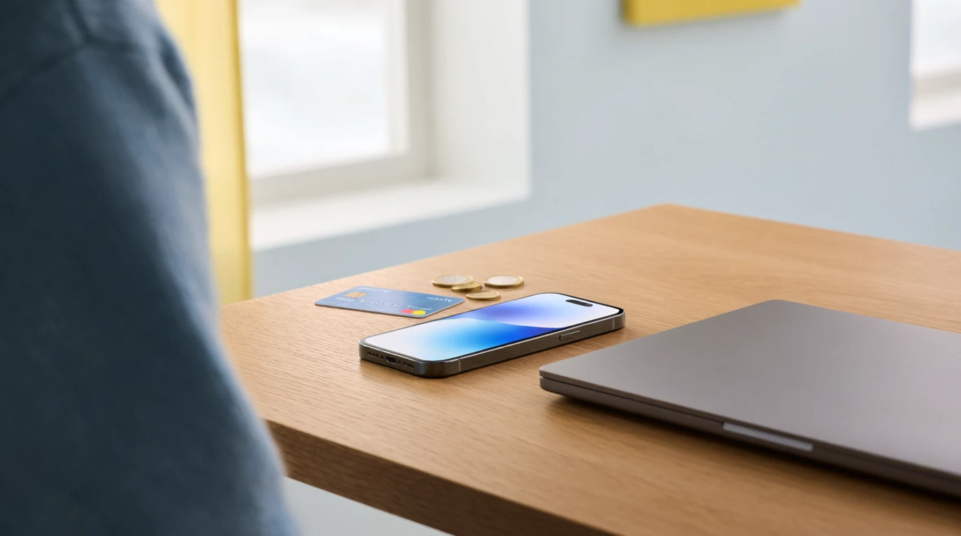 Smarttelefon, bankkort och kronor på ljust träbord i nordisk stil