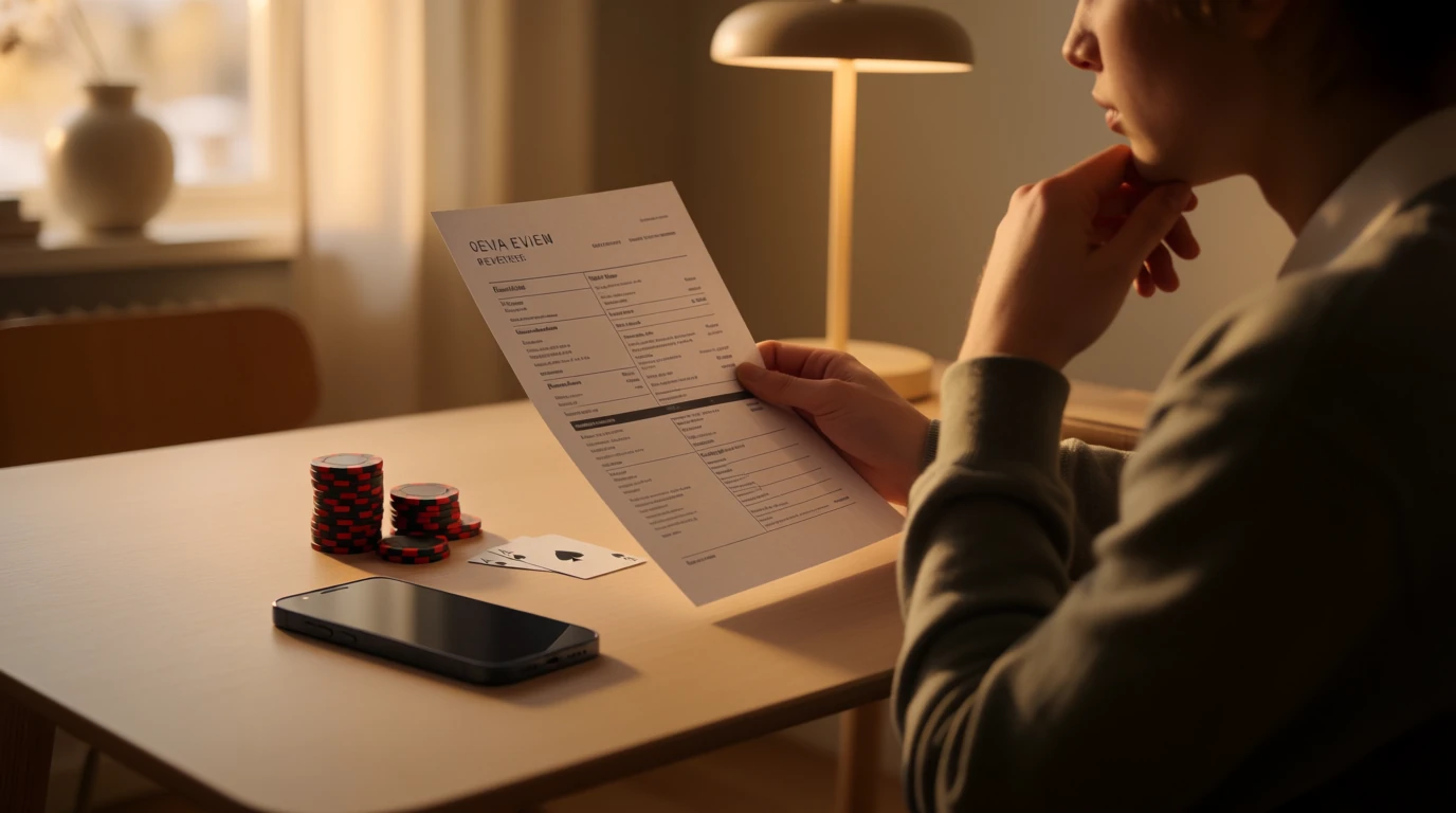 En person vid skrivbord som noggrant granskar en utskriven casinolista