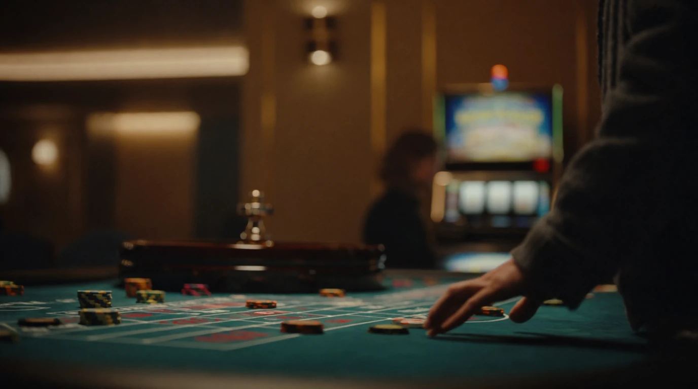 Stämningsfull bild av ett svenskt casinobord med marker och roulettehjul